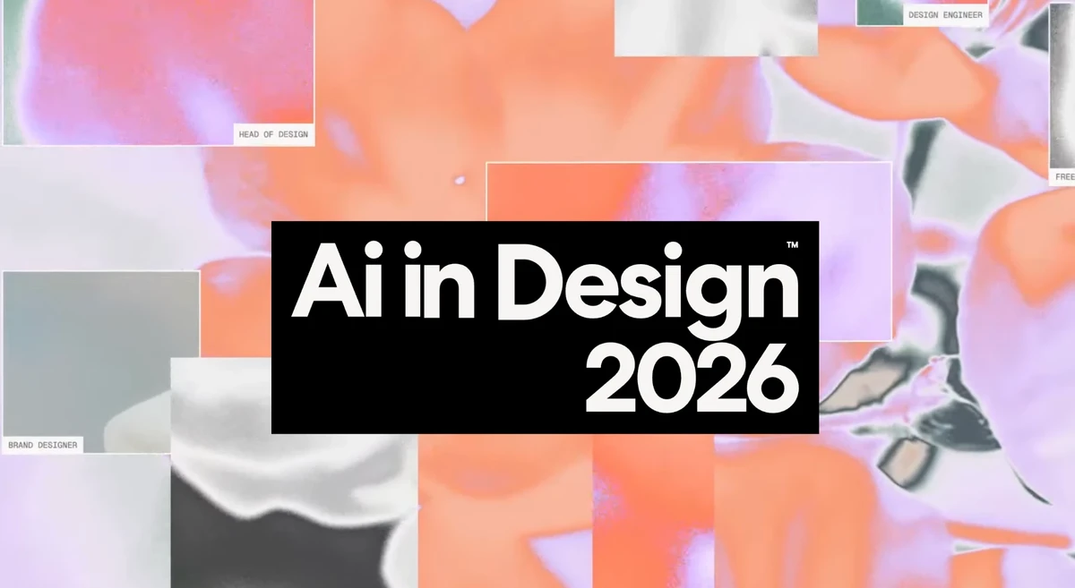Ai in Design 2026 poster: the title in a black block over melted salmon and lilac shapes