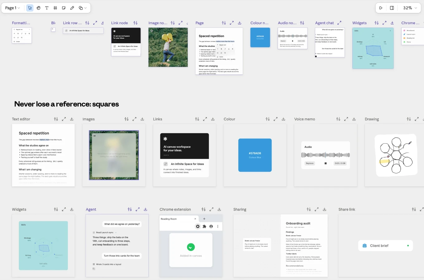The motion board in a Claude artifact: a row of component artboards, from the link node to the Chrome extension, above the showcase squares built from them, each with its own controls to tweak, expand and export.