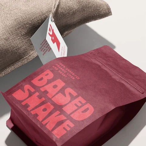 A deep red coffee bag printed Based Shake